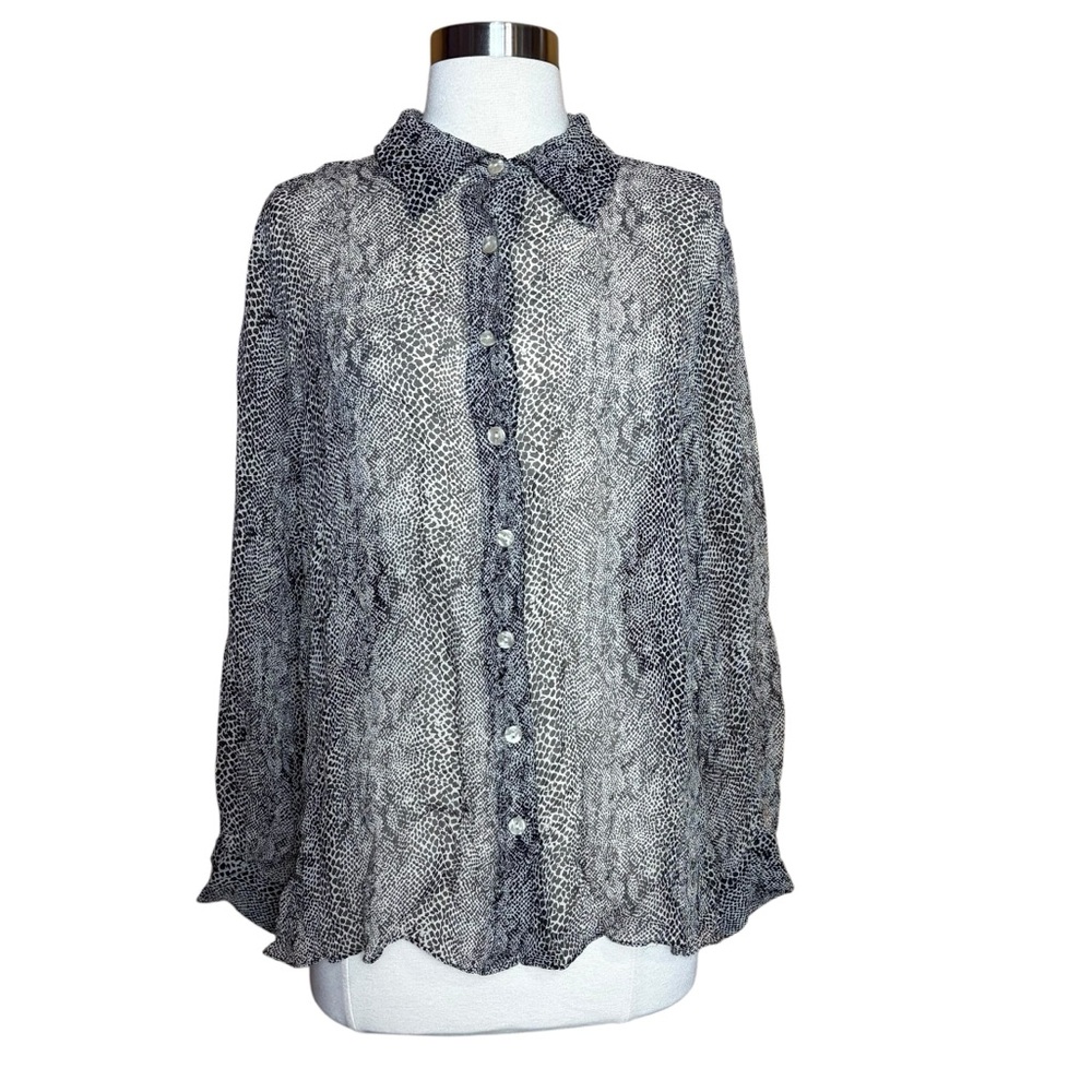 NY & Co Silk Reptile Vintage Semi Sheer Long Sleeve Career Button Down Blouse 1X